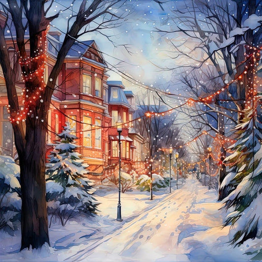 winter city watercolor postcard