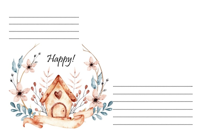 Ілюстрований конверт C6 зі шпаківнею в квітковому вінку та написом «Happy!»