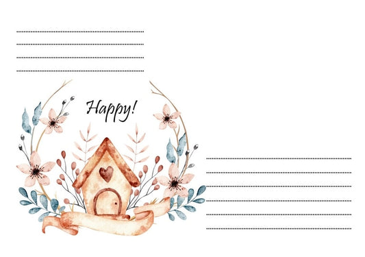 Ілюстрований конверт C6 зі шпаківнею в квітковому вінку та написом «Happy!»