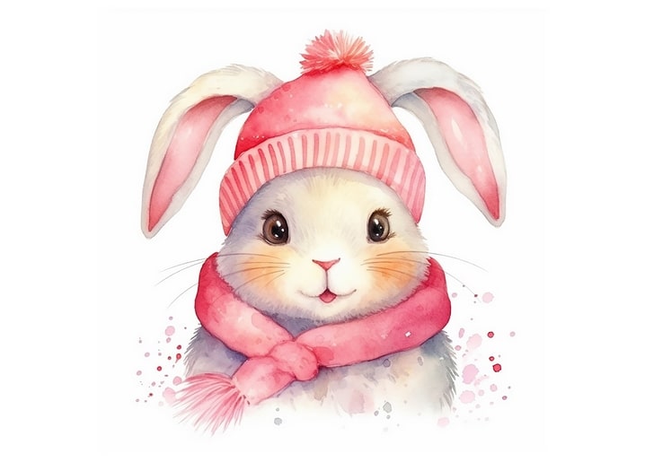 Aquarellporträt eines Hasen mit rosa Strickmütze und Schal, umgeben von Farbspritzern