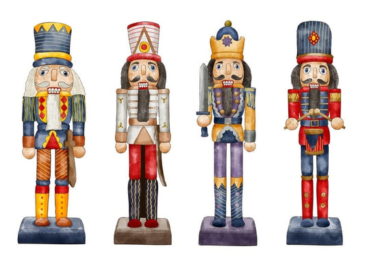 Four watercolor nutcracker soldiers in colorful traditional uniforms