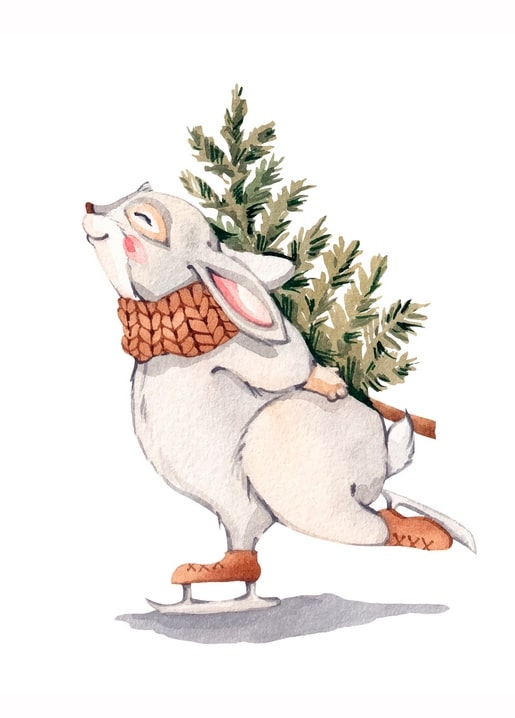 Watercolor rabbit ice-skating in a knit scarf, carrying a small pine branch