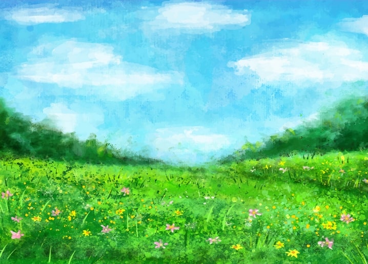 Watercolor painting of a green meadow with pink and yellow wildflowers under a blue cloudy sky