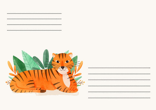 Акварельний тигр відпочиває серед тропічного листя на конверті C6
