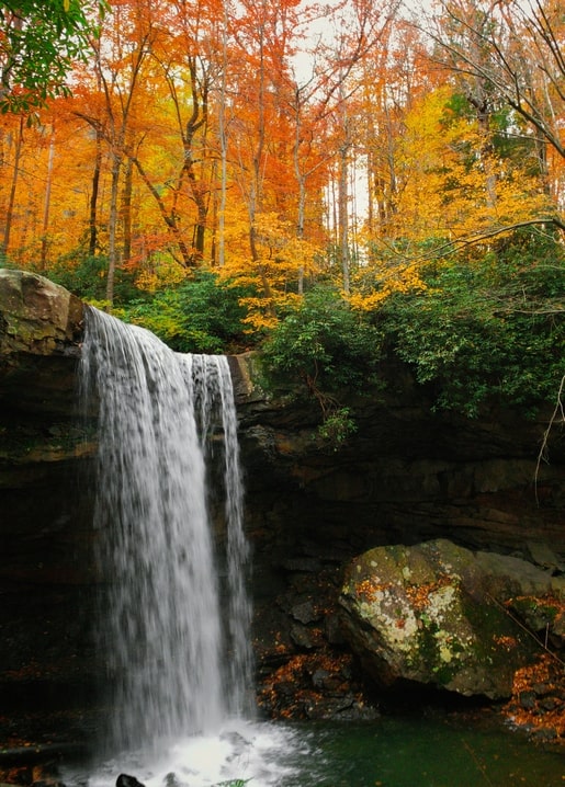 Waterfall cascading over rocks in a forest with orange and yellow autumn leaves