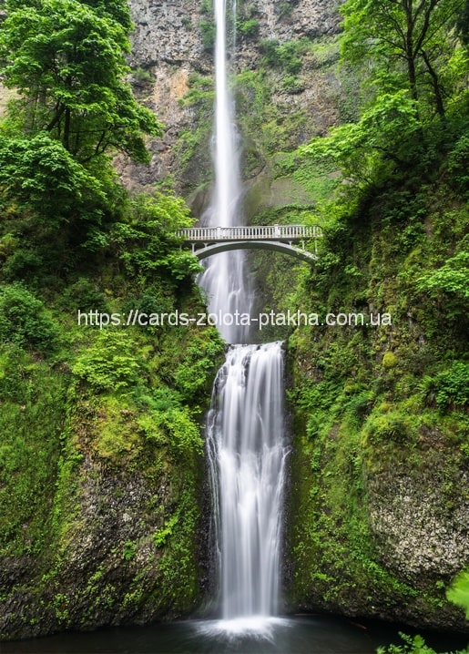 Hoher Wasserfall in grüner Schlucht mit steinerner Bogenbrücke