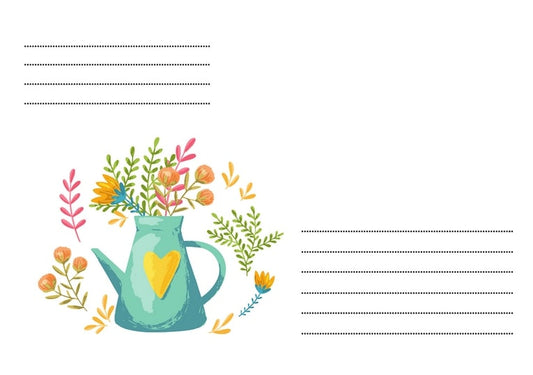 Türkisfarbene Gießkanne mit rosa, orangen und gelben Wildblumen auf einem Umschlag