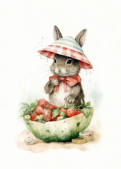 Watercolor rabbit in a gingham hat beside a watermelon-rind bowl of strawberries
