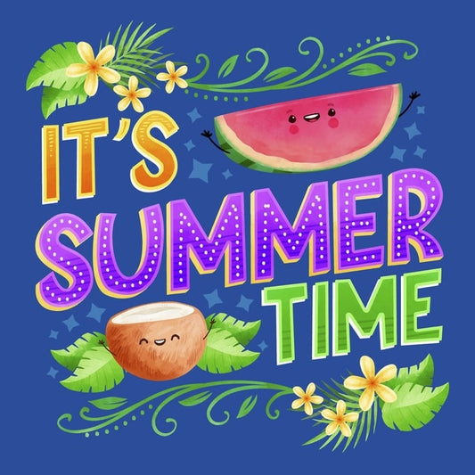 Watermelon slice and coconut characters beside ‘It's Summer Time’ lettering on blue