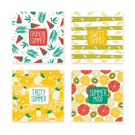Чотири листівки з візерунками: кавун, лимонні смужки, ананаси та мікс цитрусових на весь аркуш