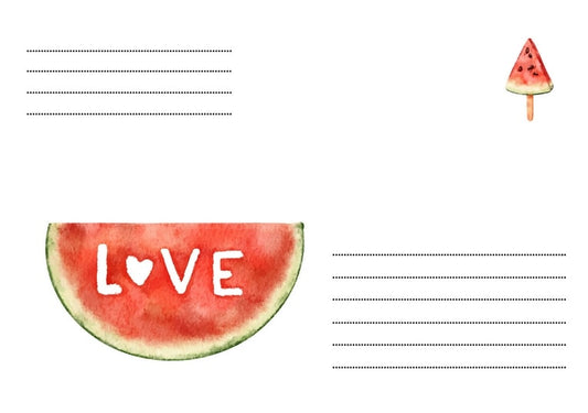 Aquarellierte Wassermelonenscheibe mit LOVE-Schriftzug und Eis am Stiel auf weißem Umschlag