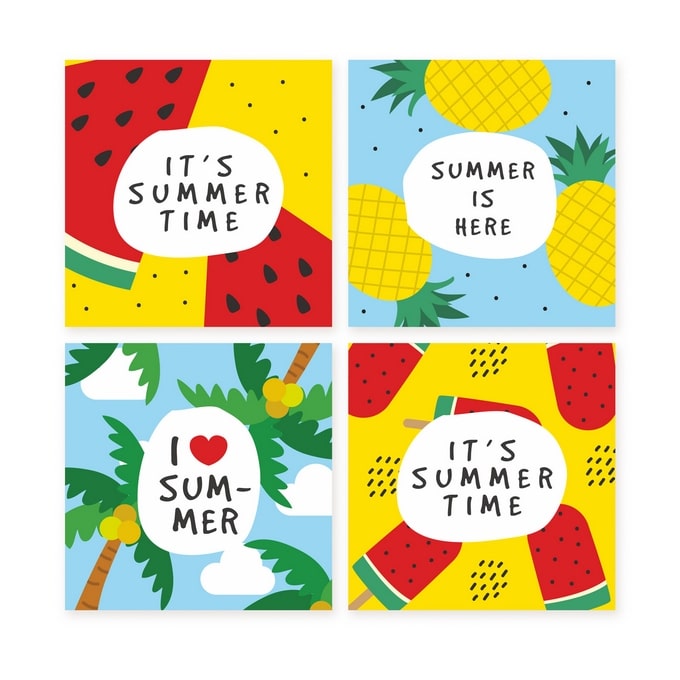 Vier sommerliche Pop-Art-Minipostkarten: Wassermelone, Ananas, Palmen und Eis am Stiel
