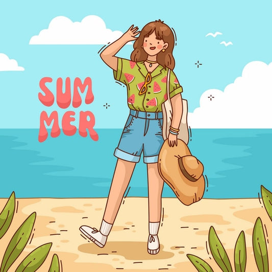 Girl in a watermelon-print shirt walking on the beach with ‘Summer’ lettering