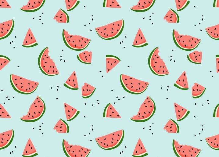 Seamless pattern of watermelon slices, some with a bite taken out, on a mint green background.