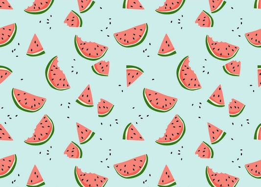 Seamless pattern of watermelon slices, some with a bite taken out, on a mint green background.