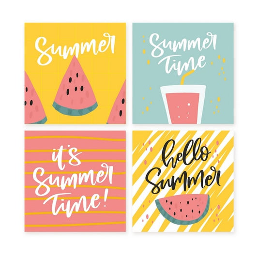 Чотири яскраві кавунові міні-листівки з візерунком, смузі та написом Summer