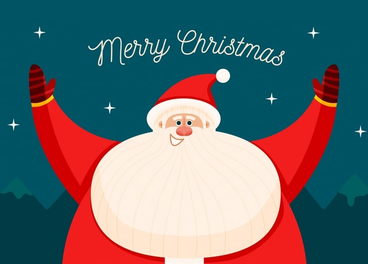 Дід Мороз із білою бородою махає рукою на тлі зоряного зимового неба