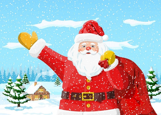 Santa Claus waving beside a snowy cottage and pine trees