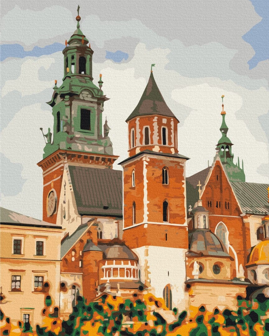 Illustration of Wawel Castle's brick towers and green domes rising above sunflowers