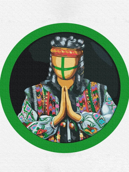 Round canvas with a figure in Ukrainian folk dress praying, framed by a green circle
