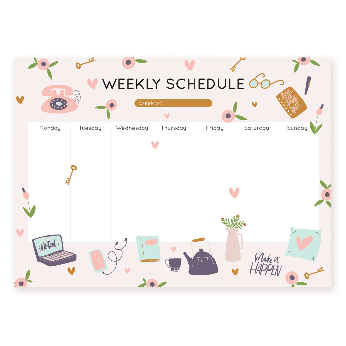 Pastel pink weekly planner sheet with rotary phone, teapot, and floral doodles