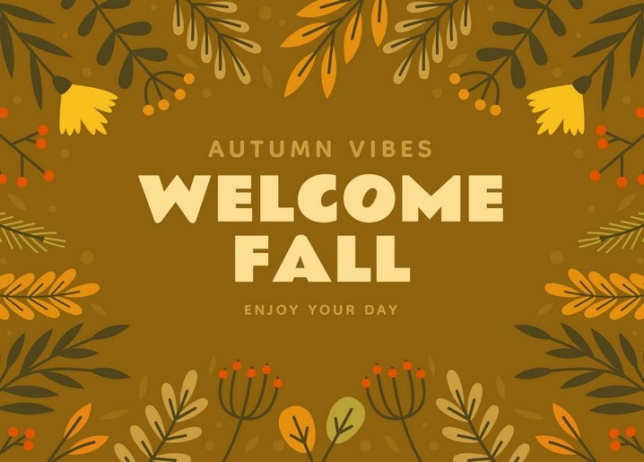 Illustrated ‘Welcome Fall’ postcard with mustard autumn leaf and berry border