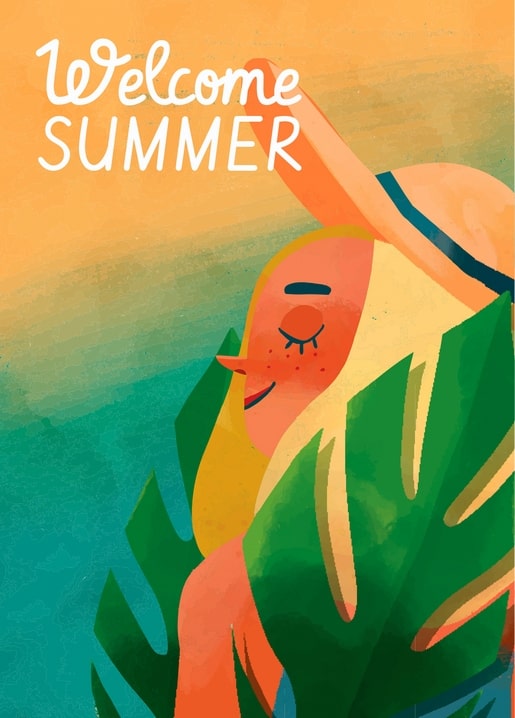 Illustrated girl peeking from behind a palm leaf under a 'Welcome Summer' sunset sky