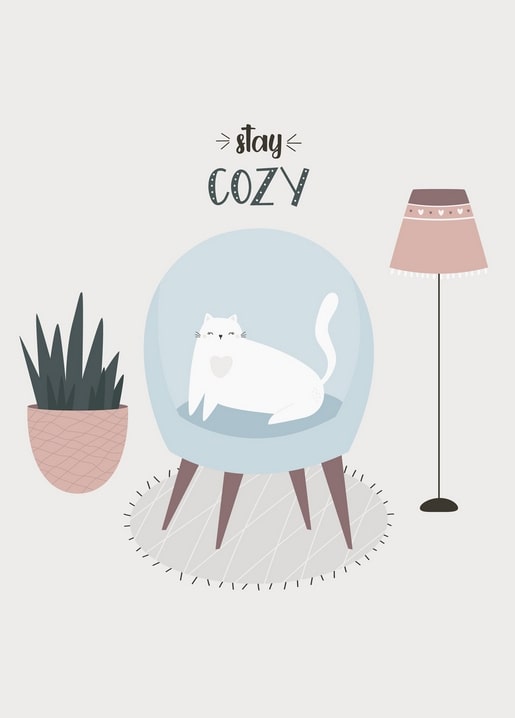 White cat curled up in a round blue chair beside a plant and pink floor lamp, “stay cozy” postcard