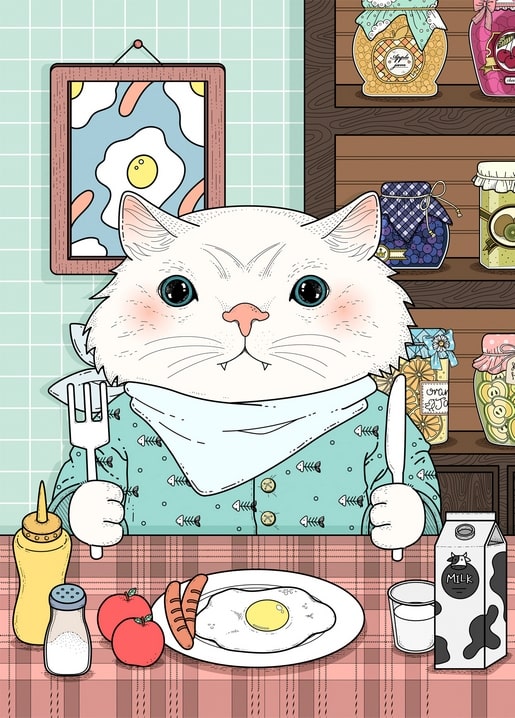 Illustrierte flauschige weiße Katze im Lätzchen am Frühstückstisch mit Spiegelei