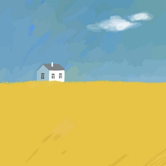 Malerische Illustration eines weißen Hauses am Horizont eines goldenen Weizenfelds