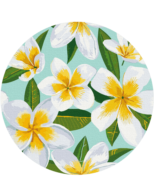 White plumeria flowers with golden centers on a soft teal background, round canvas design.