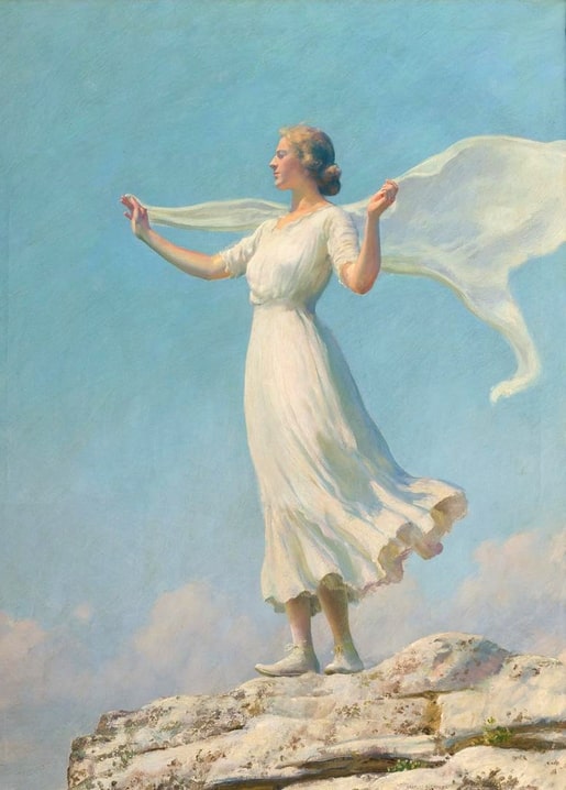 Charles Courtney Curran painting of a woman in white on a rocky hilltop, scarf streaming in the wind against blue sky