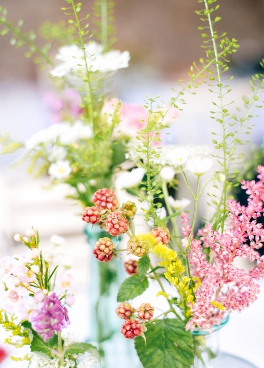 Glass jars with white lace flowers, pink astilbe, and unripe blackberries