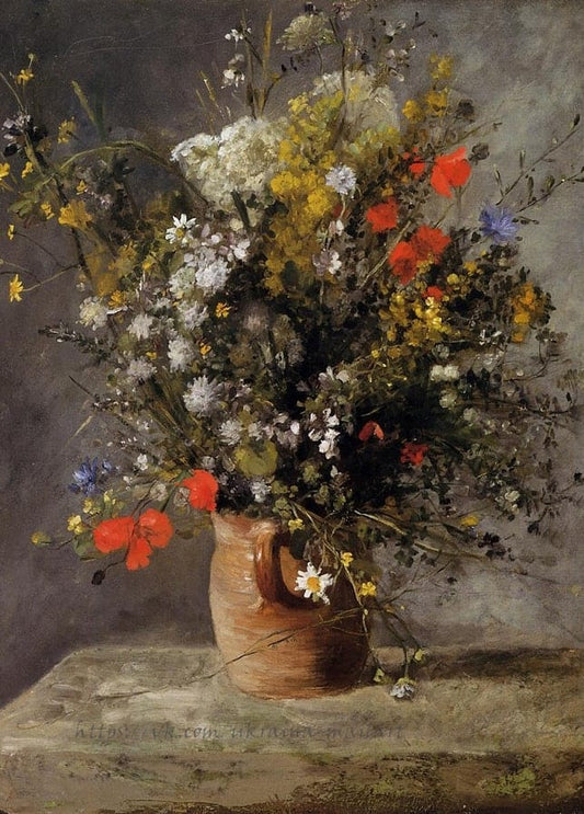 Renoir still life, wildflowers in a terracotta jug on a stone ledge