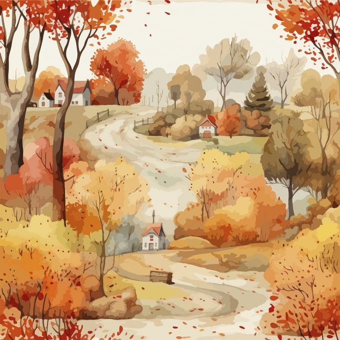 Aquarellierte Landstraße windet sich an kleinen Häusern durch einen Herbstwald