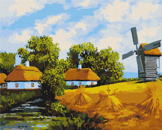 Windmühle neben Reetdachhäusern an einem goldenen Roggenfeld, Malen-nach-Zahlen-Motiv