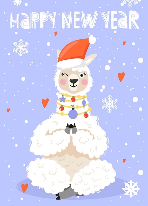 Illustration of a winking llama in a Santa hat draped in an ornament garland with hearts and snowflakes