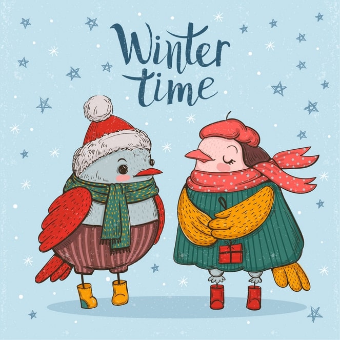 Two illustrated winter birds in scarves, one holding a wrapped gift