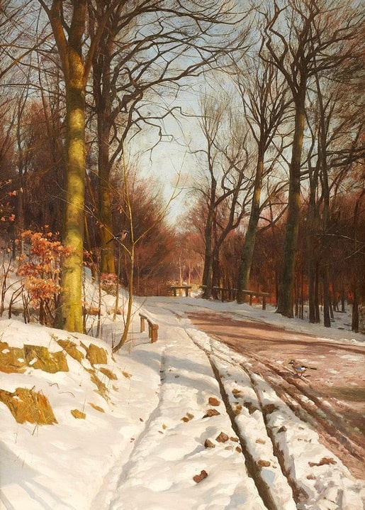Painting of a winter park path lined with bare oak trees, snow and a distant bench by Peder Mønsted