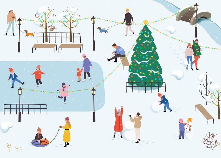 Winter park illustration with ice skaters, dog walkers, and a lit Christmas tree