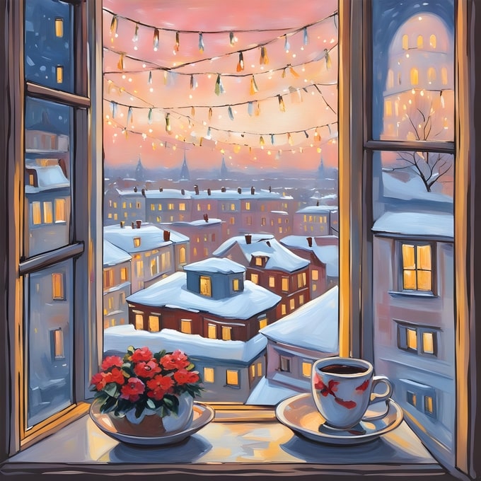 Open window with tea cup and red flowers overlooking snowy city rooftops at dusk