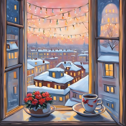 Open window with tea cup and red flowers overlooking snowy city rooftops at dusk