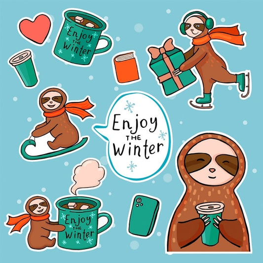 Winter sloth stickers ice-skating, sledding, and sipping cocoa mugs