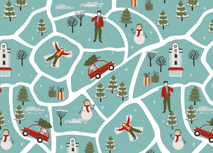 Illustrated winter town map with people making snow angels, a snowman, and a car carrying a Christmas tree