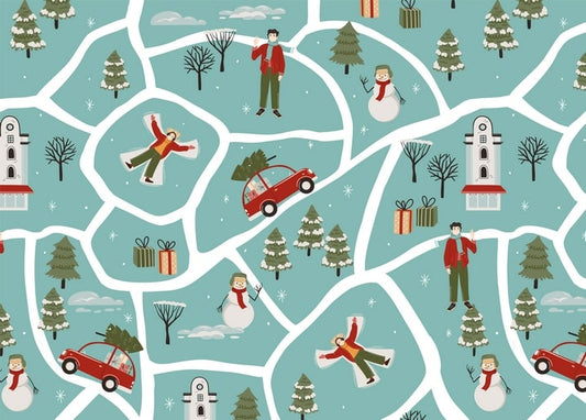 Illustrated winter town map with people making snow angels, a snowman, and a car carrying a Christmas tree