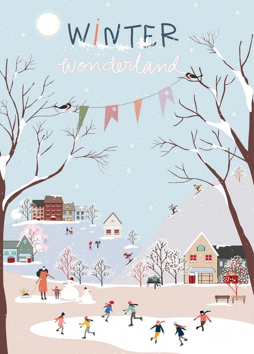 Illustrated winter town with ice skaters, a snowman and skiers under a full moon