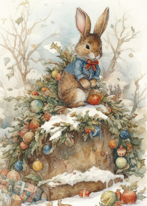 fairytale christmas watercolor animals postcard