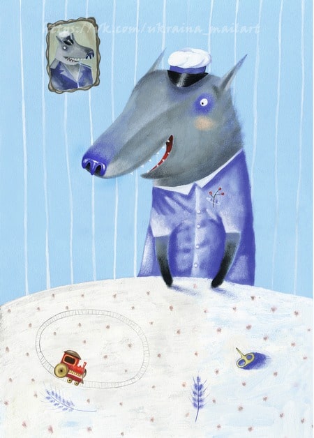 Illustration eines grauen Wolfs in Matrosenmütze am Tisch mit Spielzeugzug und Schlüssel