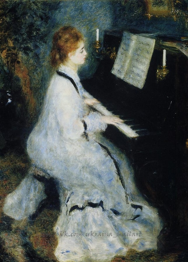 Renoir painting of a woman in white playing piano by candlelight with sheet music