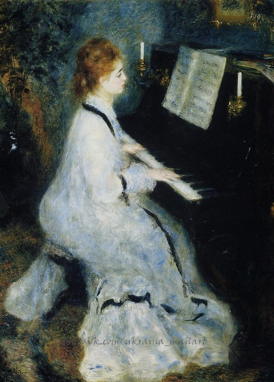 Renoir painting of a woman in white playing piano by candlelight with sheet music